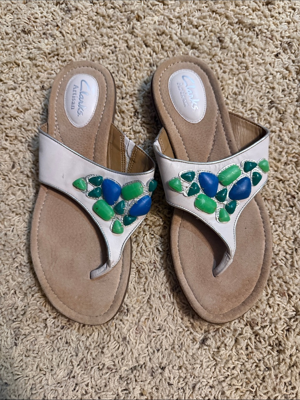 Clarks White Beaded Thong Sandals with Blue & Green Embellishments
